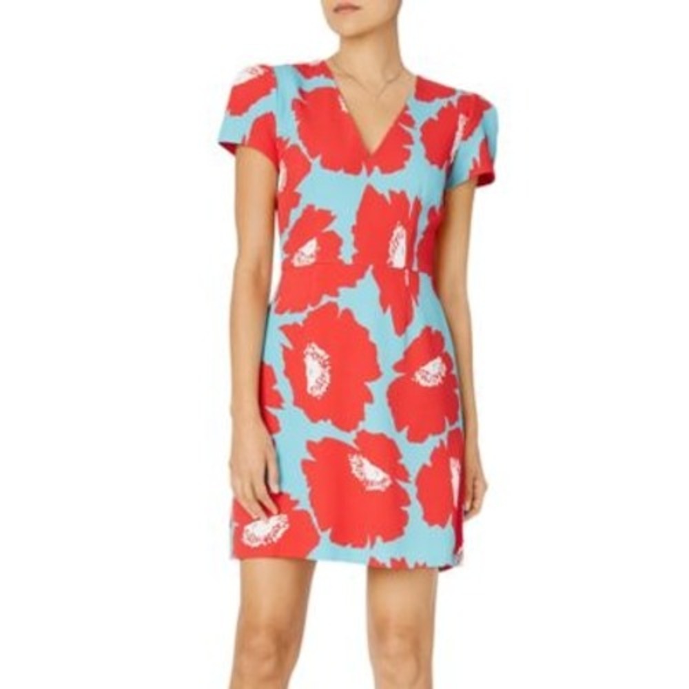 Milly Atalie Floral Print Dress Womens Size 6‎ Blue Red Short Sleeve